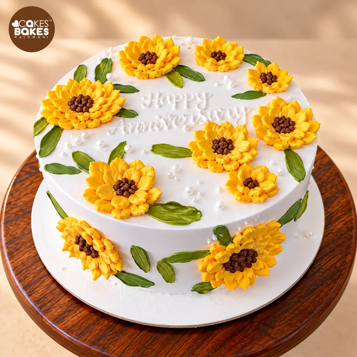 Sunflower Anniversary Cake with Branding — 100% eggless cake by Cakes & Bakes Haldwani