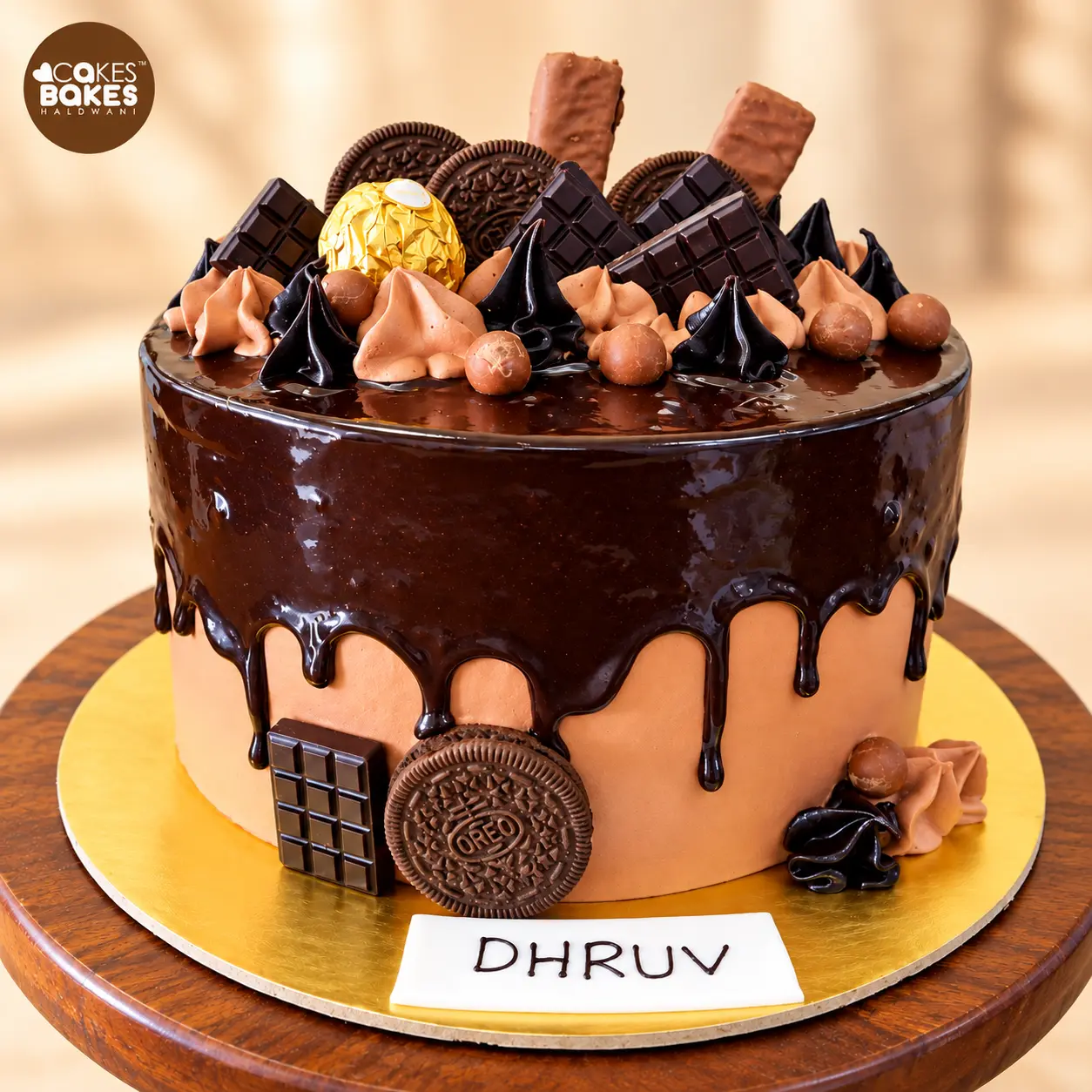 Decadent Chocolate Drip Cake with DHRUV Plaque — 100% eggless cake by Cakes & Bakes Haldwani